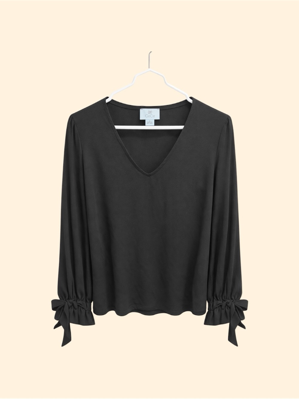 CeCe Black V-Neck Long Sleeve Blouse with Tie Cuffs